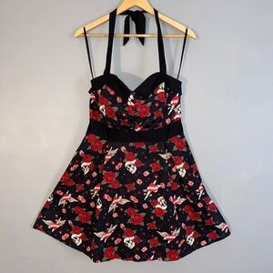 HOT TOPIC Dice Heart Skull Tattoo Roses Rockabilly Halter Dress XL